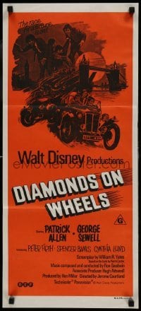 5c641 DIAMONDS ON WHEELS Aust daybill 1974 English Disney, cool hot rod artwork!