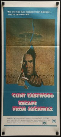 5c659 ESCAPE FROM ALCATRAZ Aust daybill 1979 cool artwork of Clint Eastwood busting out by Lettick!