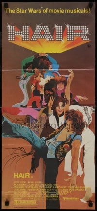 5c703 HAIR Aust daybill 1979 Milos Forman, Treat Williams, musical, great Bob Peak artwork!