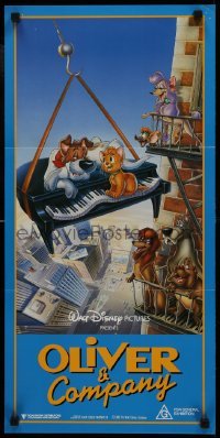 5c817 OLIVER & COMPANY Aust daybill 1988 art of Walt Disney cats & dogs in New York City by Bill Morrison!