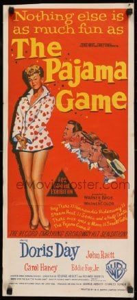 5c835 PAJAMA GAME Aust daybill 1957 sexy full-length image of Doris Day, who chases boys!