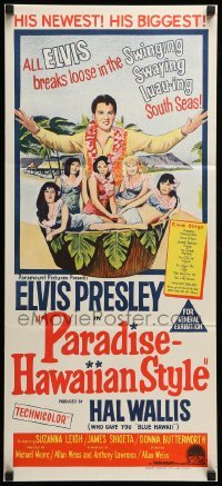 5c839 PARADISE - HAWAIIAN STYLE Aust daybill 1966 art of Elvis Presley& beach babes!