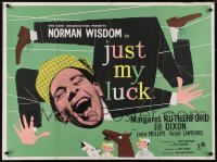5f203 JUST MY LUCK British quad 1957 art/image of laughing Norman Wisdom, people on horseback!