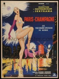 5f462 PARIS-CHAMPAGNE French 23x32 1962 Sinclare art of sexy near-naked Moulin Rouge dancers!