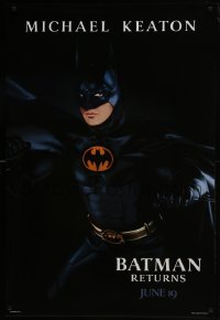 5g579 BATMAN RETURNS teaser 1sh 1992 Burton, Michael Keaton as caped crusader, cool dated design!