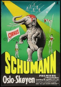 5g060 CIRKUS SCHUMANN 28x39 Danish circus poster 1970s wonderful artwork of elephant performing!