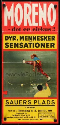 5g062 MORENO 12x24 Danish circus poster 1970s cool different image of jumping clown!