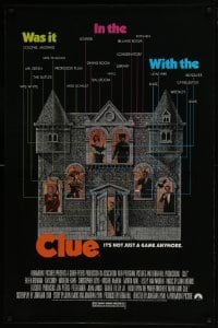5g619 CLUE 1sh 1985 Madeline Kahn, Tim Curry, Christopher Lloyd, cool board game poster design!
