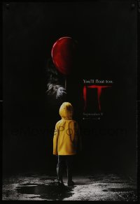 5g731 IT teaser DS 1sh 2017 creepy image of Pennywise handing child balloon, you'll float too!