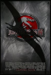 5g739 JURASSIC PARK 3 int'l advance DS 1sh 2001 cool red logo with Spinosaurus under Pterodactyl shadow!