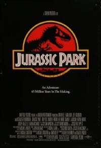 5g736 JURASSIC PARK DS 1sh 1993 Steven Spielberg, classic logo with T-Rex over red background