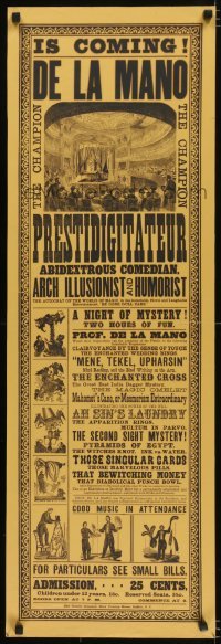 5g042 DE LA MANO yellow style 14x43 magic handbill poster 1870s Prof. De La Mano, Austrian magician!