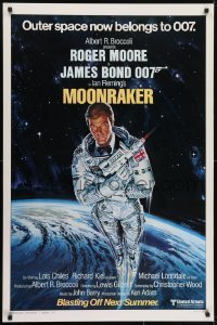 5g811 MOONRAKER style A advance 1sh 1979 art of Roger Moore as Bond blasting off in space by Goozee!