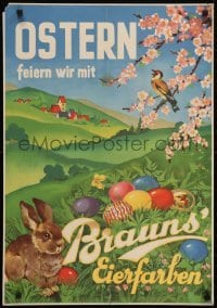 5g136 BRAUNS' EIERFARBEN 21x29 German advertising poster 1930s Dresden art of bunny, Easter eggs!