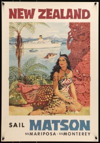 5g006 MATSON NEW ZEALAND 20x28 travel poster 1960s sexy woman w/ship in background by Macouillaird!