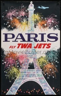 5g016 TWA PARIS 25x40 travel poster 1960s David Klein art of Eiffel Tower & fireworks!