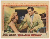5h195 BIG JIM McLAIN LC #1 1952 c/u of John Wayne looking at sexy Veda Ann Borg blowing smoke!