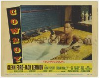 5h288 COWBOY LC #4 1958 great close up of Glenn Ford in bubble bath with gun & cigar!
