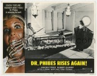 5h331 DR. PHIBES RISES AGAIN LC #5 1972 Vincent Price & Valli Kemp in tomb standing by glass coffin