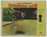 5h491 INCREDIBLE SHRINKING MAN LC #5 1957 special effects image of tiny man fleeing from giant cat!