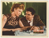 5h540 KISS OF DEATH LC #8 1947 c/u of scared Victor Mature talking to sexy woman, classic noir!