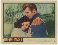 5h626 MIRACLE LC #8 1959 c/u of young Roger Moore comforting Carroll Baker, Napoleonic War epic!