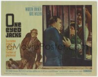 5h691 ONE EYED JACKS LC #4 1961 young man strangles Marlon Brando through prison bars!