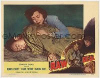 5h735 RAW DEAL LC #3 1948 close up of Marsha Hunt laying on wounded Dennis O'Keefe!