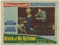 5h753 RIVER OF NO RETURN LC #6 1954 Robert Mitchum behind sexy Marilyn Monroe & Tommy Rettig!