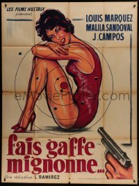 5j830 LLAMA UN TAL ESTEBAN French 1p 1962 art of gun pointed at target over sexy woman!