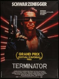 5j949 TERMINATOR French 1p 1985 best c/u of most classic cyborg Arnold Schwarzenegger with gun!