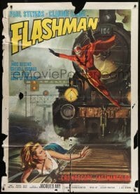 5j425 FLASHMAN Italian 1p 1967 art of wacky Italian superhero saving sexy girl on train tracks!