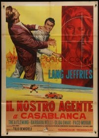 5j530 OUR MAN IN CASABLANCA Italian 1p 1966 art of Lang Jeffries fighting bad guy + sexy girl!