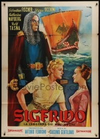 5j569 SIGFRIDO Italian 1p 1959 different Ciriello art of the Italian Siegfried by huge ship!