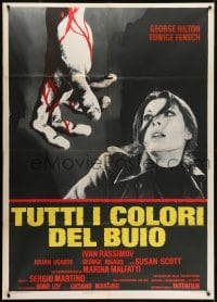 5j594 THEY'RE COMING TO GET YOU Italian 1p 1975 c/u of scared Edwige Fenech & bloody hand!