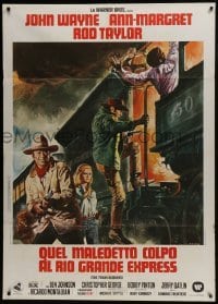 5j600 TRAIN ROBBERS Italian 1p 1973 different art of John Wayne & Ann-Margret + train by Casaro!