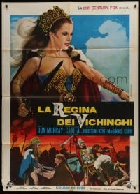 5j608 VIKING QUEEN Italian 1p 1967 Hammer, art of sexy female warrior Carita w/ sword over battle!
