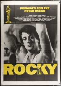 5j292 ROCKY awards Italian 2p 1976 different image of barechested Sylvester Stallone, boxing classic!