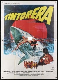 5j320 TINTORERA Italian 2p 1977 best art of the monstrous killer tiger shark eating topless woman!
