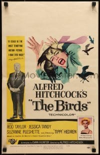 5j024 BIRDS WC 1963 director Alfred Hitchcock shown, Tippi Hedren, classic intense attack artwork!