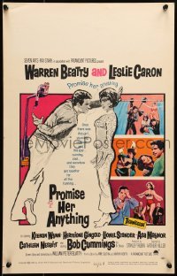 5j119 PROMISE HER ANYTHING WC 1966 art of Warren Beatty w/fingers crossed & pretty Leslie Caron!