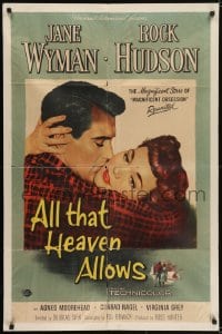 5k034 ALL THAT HEAVEN ALLOWS 1sh 1955 close up romantic art of Rock Hudson kissing Jane Wyman!