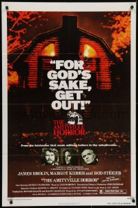 5k042 AMITYVILLE HORROR 1sh 1979 great image of haunted house, for God's sake get out!