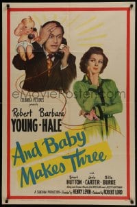 5k043 AND BABY MAKES THREE 1sh 1949 Robert Young, Barbara Hale, wacky art of baby!