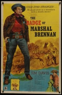 5k063 BADGE OF MARSHAL BRENNAN 1sh 1957 western cowboy Jim Davis & Grand Ol' Opry star Carl Smith!