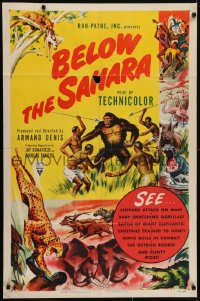 5k079 BELOW THE SAHARA 1sh 1953 great giant ape image vs. tribesmen artwork!