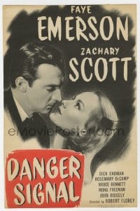 5m008 DANGER SIGNAL mini WC 1945 romantic c/u of Faye Emerson & Zachary Scott, film noir, rare!