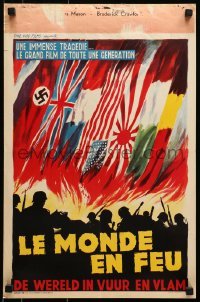 5p240 LE MONDE EN FEU Belgian 1958 Alessandro Ronzon WWII documentary, wild artwork!