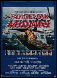 5p076 MIDWAY Danish 1976 Charlton Heston, Henry Fonda, dramatic naval battle art!