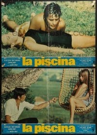 5p771 SWIMMING POOL group of 2 Italian 19x27 pbustas 1970 La Piscine, Alain Delon, sexy Romy Schneider!